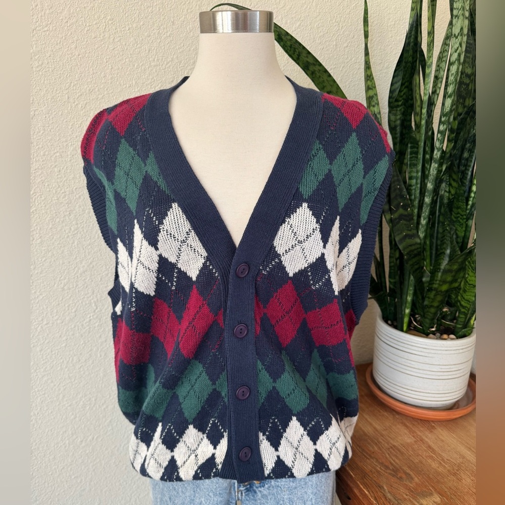 Vintage Argyle Sweater Vest made‎ in USA cotton Academia large